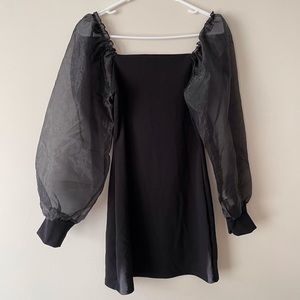 Femme Luxe Ruffle Puff Sleeve Babydoll Sheer Mini Dress in Black